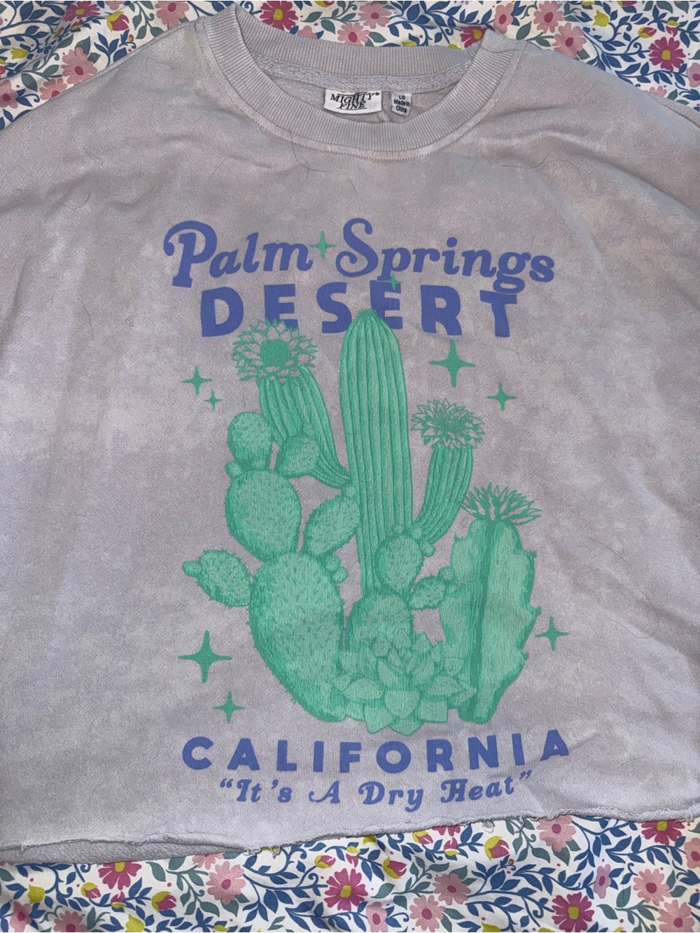 Mighty Fine Gray Cropped Sweatshirt with Green Cactus Print